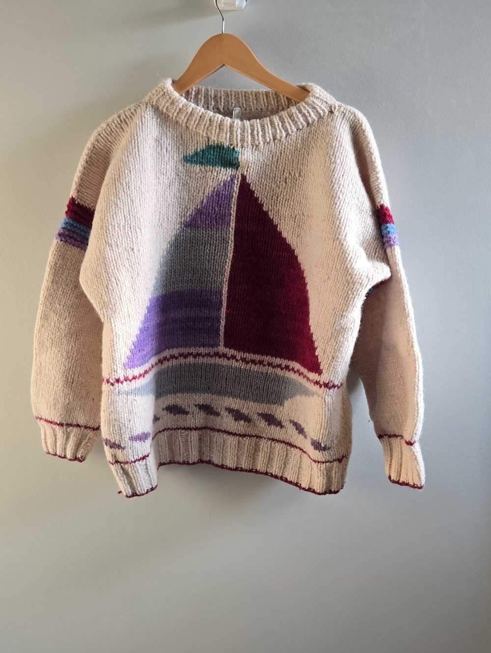 Vintage 100% Wool Handknit Sailboat Sweater Size Large/XL